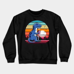 Retro Sunset Dinosaur Coffee Lover Graphic Design Crewneck Sweatshirt